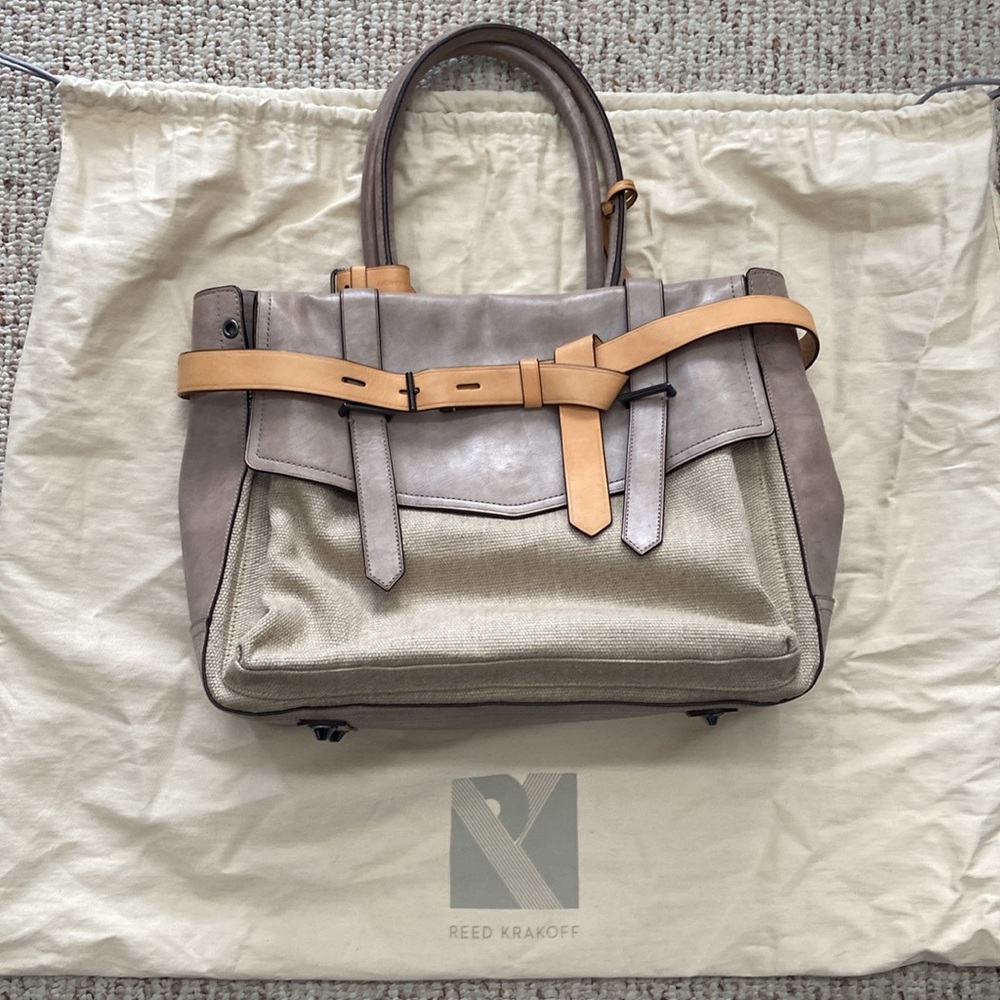 Reed Krakoff taupe and tan leather and beige canvas tote handbag